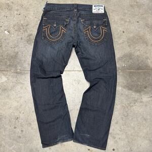Mens Vintage Dark Orange Stitch Distressed Straight Fit True Religion Jeans 38